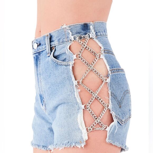 FURST OF A KIND VINTAGE CRISS CROSS SIDE CHAIN DENIM SHORTS |Size:24| - Picture 1 of 6